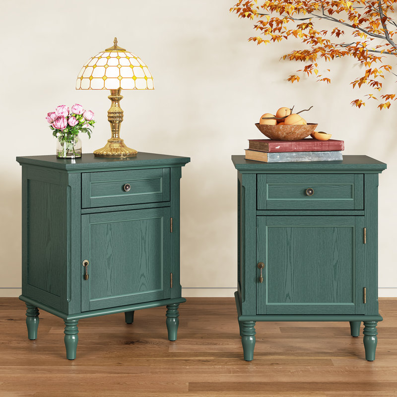 Vintage Nightstands with Drawer, End Table with Solid Wood Veneer (Set of 2), Green