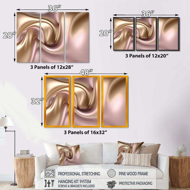 Or liquide lisse dans de douces nuances d'or et de taupe VI - 3 pièces sur toile, H 28 po x l 36 po x P 1 po