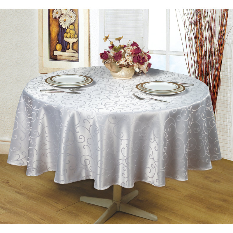 Jacquard Waterproof Thick Elegant Soft Solid Damask Branch Scroll Decorative Home Kitchen Table Cloth Liquid Repellent and Stain Resistant Tablecloth, Silver Colour Round 60 Inch