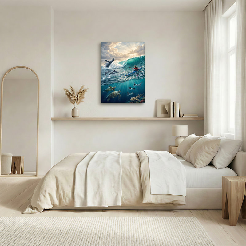 «Blue Kayak and Breaching Whale in Turquoise Wave», art mural sur toile, 30"H x 20"W