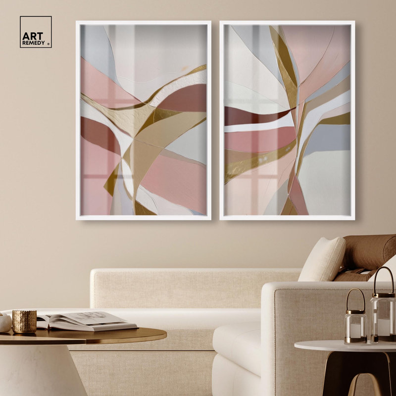 Ensemble d'art abstrait bohème « Gold Split Duo Shadowbox » par Art Remedy, cadre noir, 10 x 15, Cadre blanc