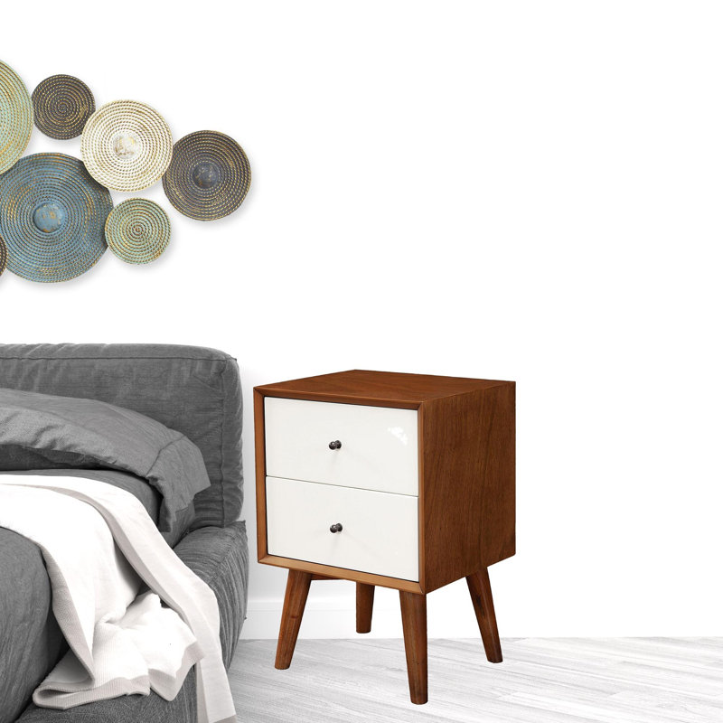 26" Solid Wood and Wood Two Drawer Nightstand, Brown/White