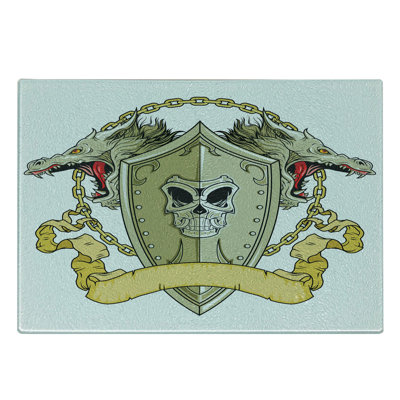 Ambesonne Yellow Tempered Glass Cutting Board Shield Dragon Medieval Yellow White