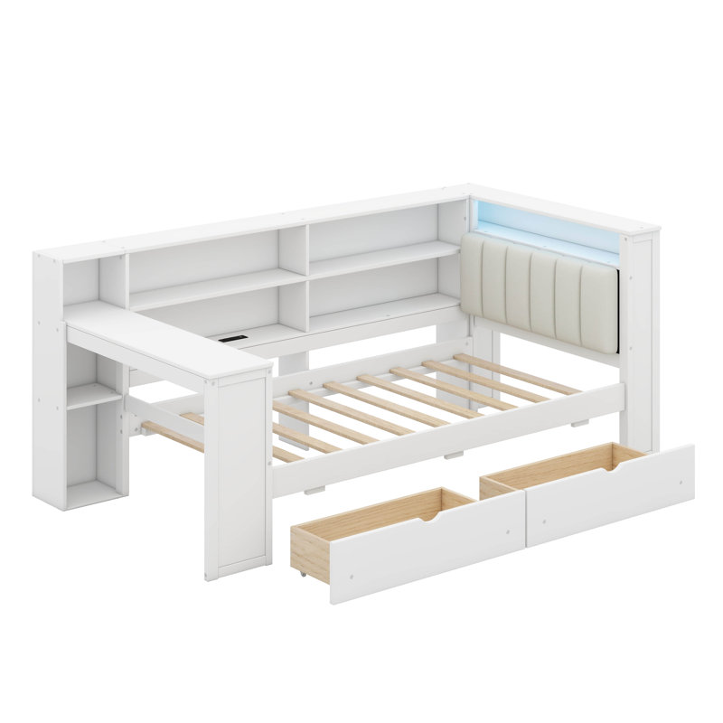 Lit plateforme en bois avec tablettes de rangement, tiroirs, station de charge, DEL, bureau et tête de lit tapissier, Blanc
