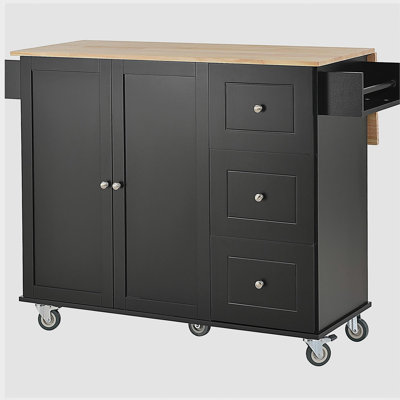 Rolling Kitchen Island with Fixed Wooden Roof and Locking Wheels, 52.7-inch Wide, with Storage Cabinet and Folding Breakfast Bar, Spice Rack, Towel Ra
