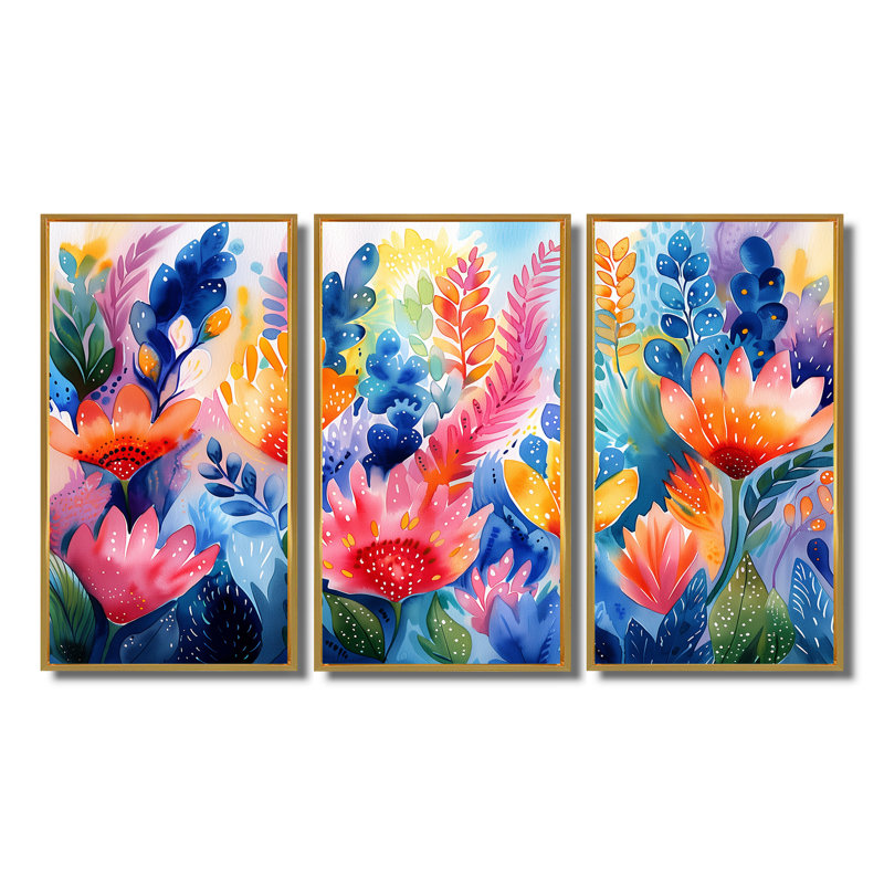 Ensemble de salon art floral orange, aquariums bleus et rêves floraux I, Toile avec cadre flottant or