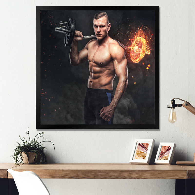 «Musclular Athletic» avec une haltère brûlante sur toile, H 36 po x l 36 po x P 1,5 po, Cadre photo noir