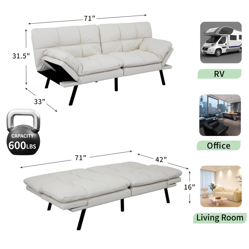 Canapé-lit futon 3-en-1 de 71 pouces - Assemblage facile pour les invités qui passent la nuit, Blanc