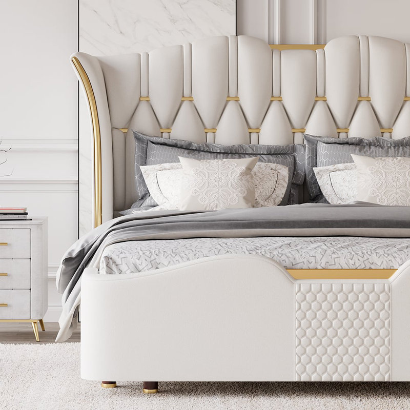 Upholstered Bed Frame With Tufted Wingback Headboard, White