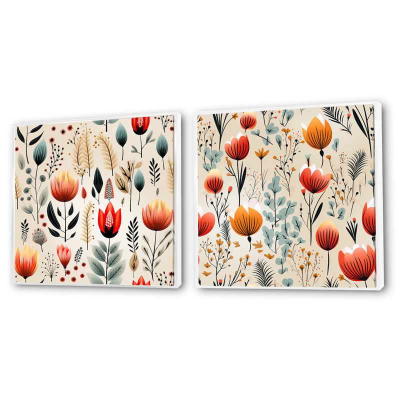 Motif floral orange Meadow - ensemble de 2 collages carrés botaniques abstraits, H 16 po x l 33 po, Cadre flottant blanc