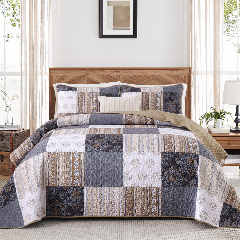 Ensemble de literie réversible 3 pièces Boho, Courtepointe de grande taille et 2 taies décorati, Patchwork brun