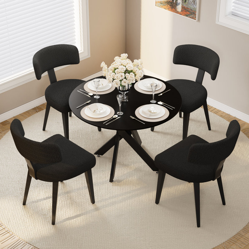 36in Round Dining Table with Black Teddy Side Chair, 5 Pieces: Table, 4 Chairs, Black