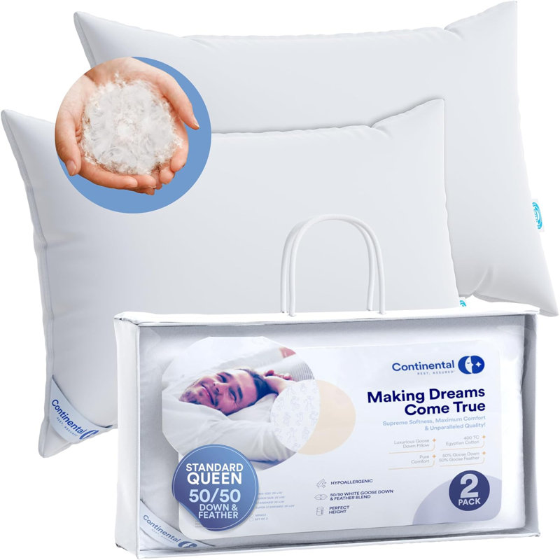 Continental Bedding Super Standard Pillow, 25% Down 75% Feather, 300TC Cotton Cover, 38oz Fill, 20x28 Inch