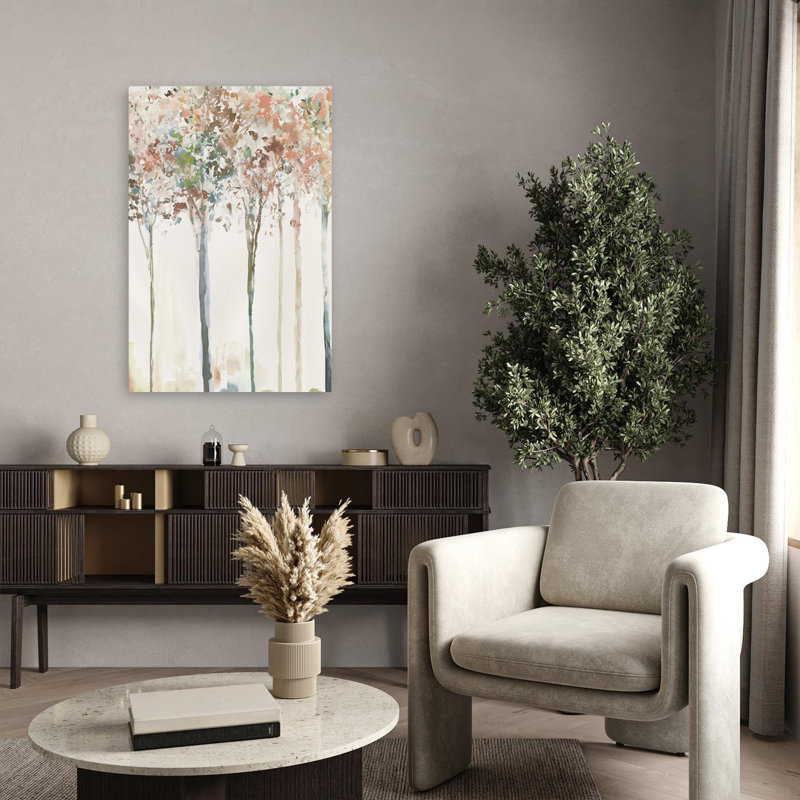 Golden Trees I Landscape Abstract Tree Nature Watercolor Soft Art Contemporary, H 36 po x l 24 po