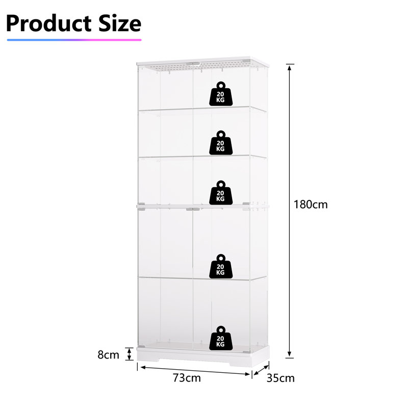 5-Tier Tempered Glass Display Cabinet with Motion Sensor RGB Lights, Wite