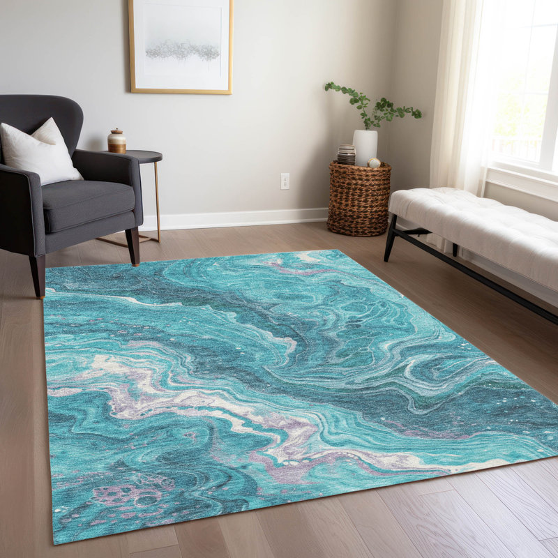 Tapis bleu sarcelle lavable à la machine intérieur / extérieur Cinead ACN1701, Rectangle 10 pi x 14 pi