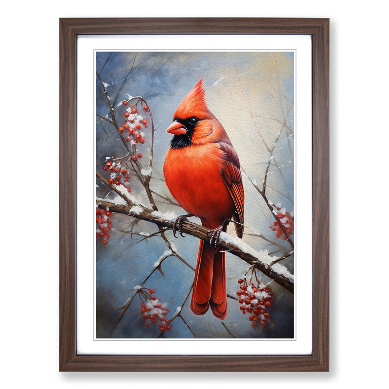 Cardinal Bird Modern - Single Picture Frame Print on Wood, Walnut Framed, 34cm H x 25cm W x 2cm D