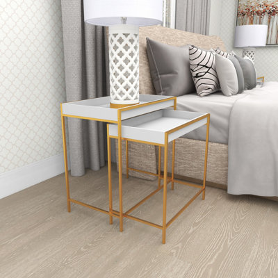 Blaine Wooden Nesting Tray Top Geometric Side End White Accent Table with Gold Metal Legs Set