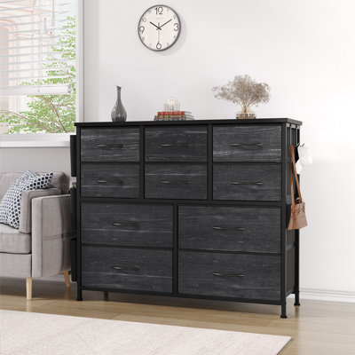 Commode en tissu grande capacité - commode à 10 tiroirs avec structure en acier robuste, plateau en bois, poches latérales - rangement moderne pour la chambre à coucher, le placard, le vestibule, le salon