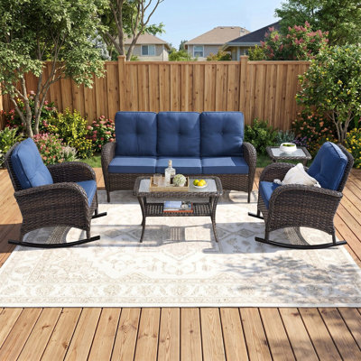 Ensemble de conversation extérieur en résine tressée de 5 pièces, résistant aux intempéries, avec chaises à bascule