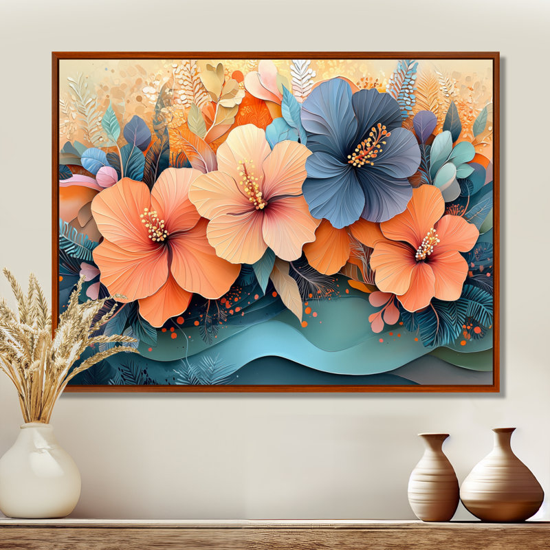 Hibisuc tropical dans une symphonie côtière II - grand hibiscus, art mural, H 30 po x l 40 po, Impression encadrée flottante