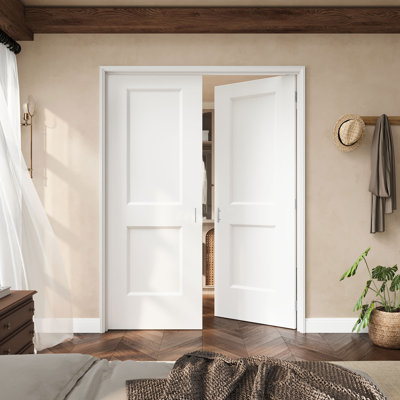 60" X 80" 2-Panel Hollow Core French Door With Silver Hinges, White Finished & Paintable, Durable & Waterproof, Suit For Laundry, Closet Doors, Room Doors, Ball Catch & Door Handle Included