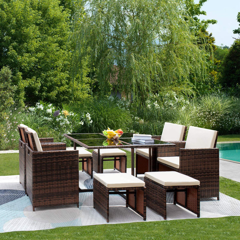 Jmir 8 - Person Wicker Patio Dining Set with Square Table, Beige