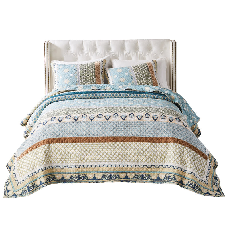 Thalia Blue Cotton Reversible Full Quilt Set