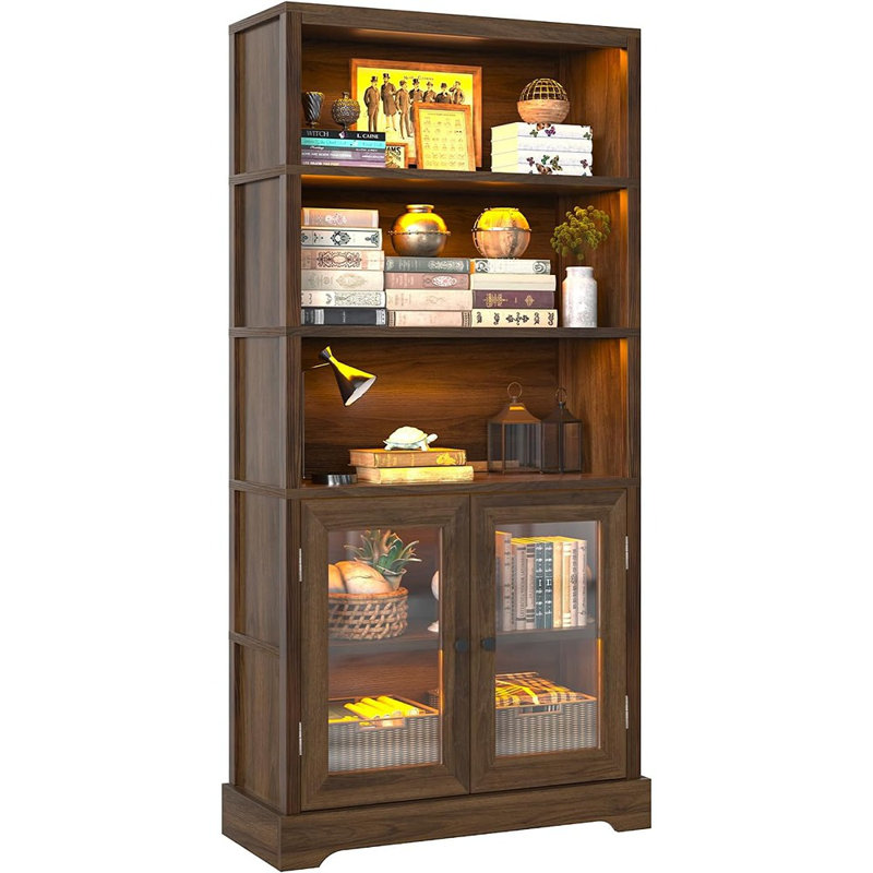Bibliothèque 65 po brun rustique avec éclairage ambiant multicolore (télécommande de l'application) - Tablette haute avec portes d'armoire pour le salon, la chambre à coucher, le bureau ou le bureau