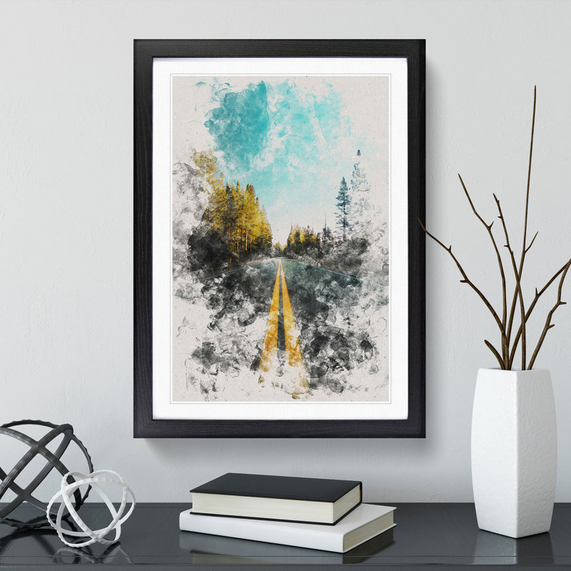 Road Through Yosemite National Park Watercolour - Picture Frame Graphic Art, 90cm H x 65cm W x 2cm D, Black Framed