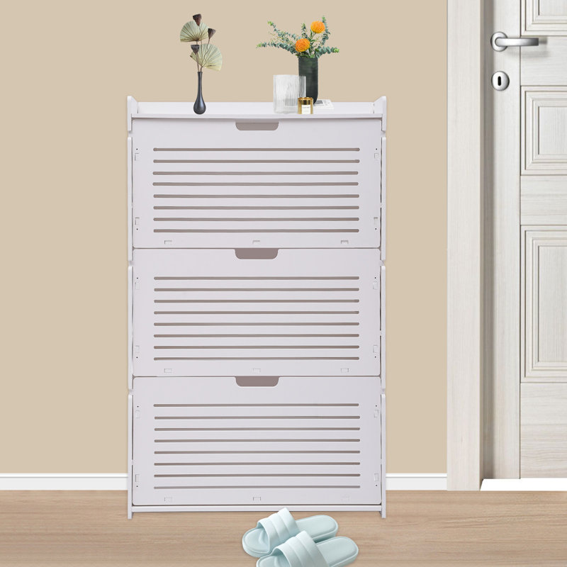 3-Layer White Modern Tipping Shoe Cabinet, 42.91" H x 27.51" W x 6.69" D