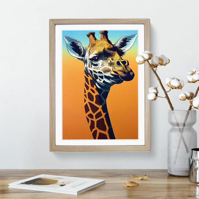 Funky Giraffe - Single Picture Frame Print, 46cm H x 34cm W x 2cm D, Oak