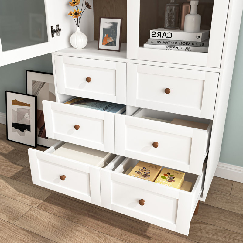 Armoire de rangement en panneau de fibres à densité moyenne, grand garde-manger avec portes en verre et tablettes réglables, armoire de rangement autoportante pour la cuisine et le salon