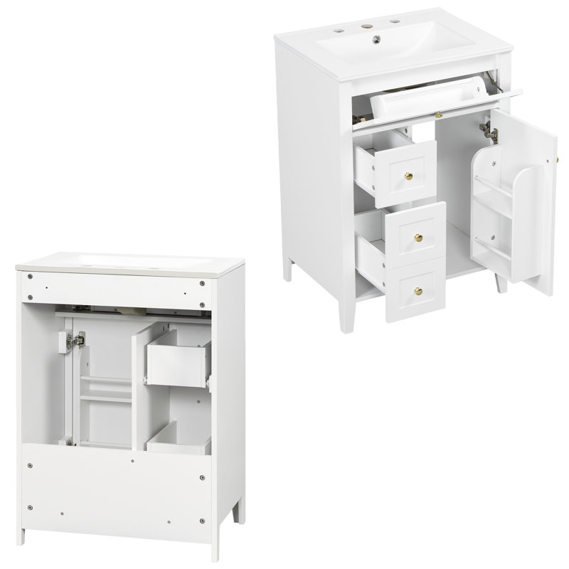 Ensemble de meuble-lavabo autoportant en MDF 24 po blanc avec lavabo en céramique, poignées en métal, porte à fermeture en douceur, support de rangement