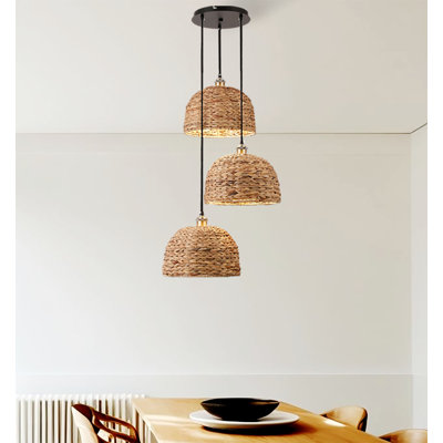 Luminaire suspendu rustique noir 3 lumières avec abat-jour en rotin naturel