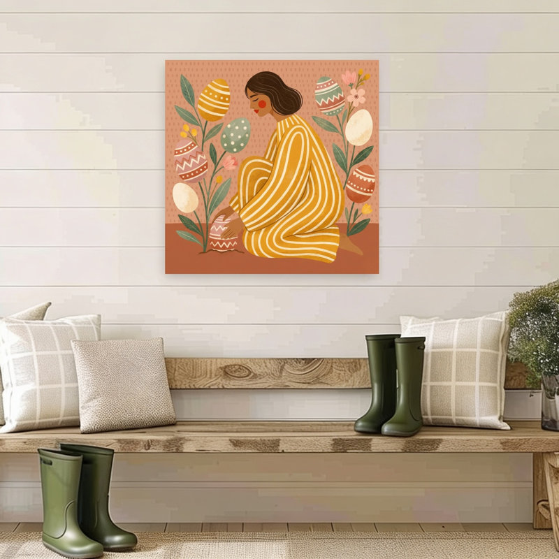 Femme qui plante des œufs de Pâques, impression d'art mural fantaisiste coloré nature printemps, 32" H x 32" W