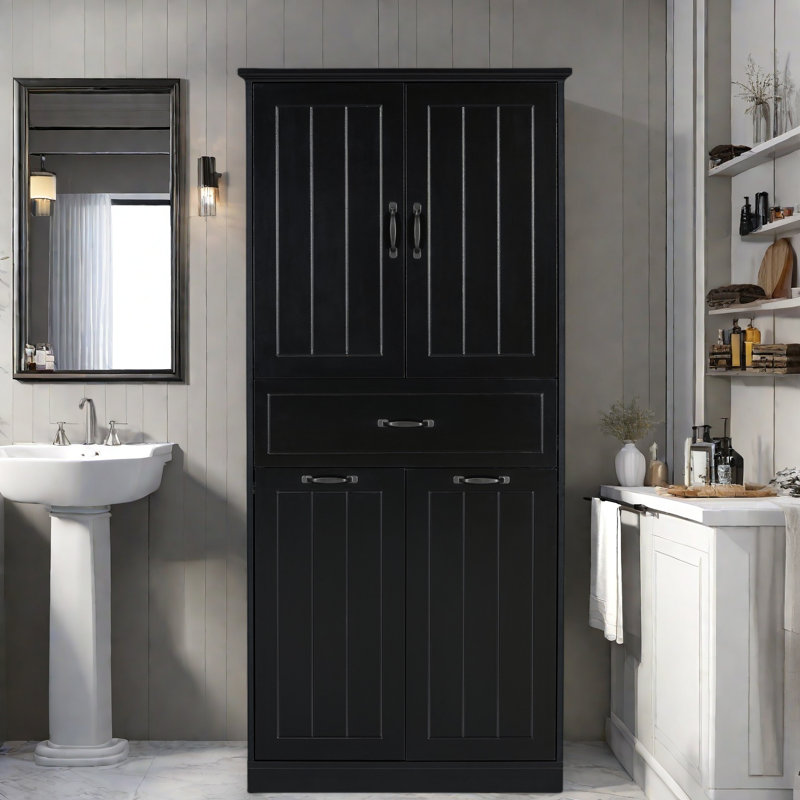 Bathroom Storage Cabinet With Two Laundry Baskets, A Cabinet With 1 Adjustable Shelf And 1 Drawer, Black