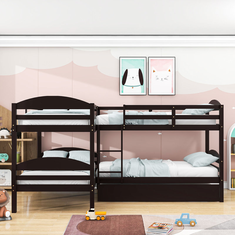 Twin-Over-Twin and Twin L-Shaped Wood Bunk Bed With Trundle, Espresso