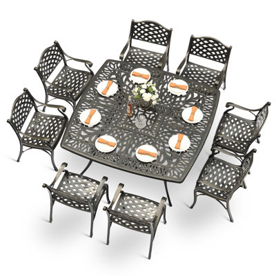 9-Piece Outdoor Furniture Dining Set For 8, All Weather Cast Aluminum Patio Dining Set- Large 64" Square Table And 8 Chairs, Patio Table And Chairs Se by Bloomsbury Market