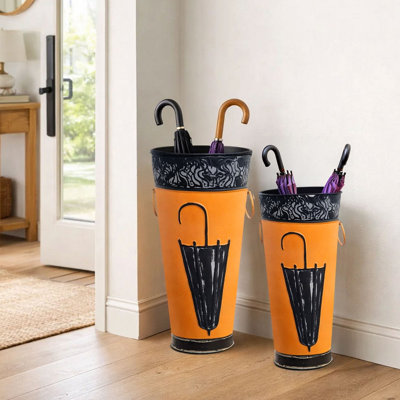  Set of 2 Metal Umbrella Stands, 21 and 16 Inch Decorative Entryway Holders with Black Artwork, Orange
