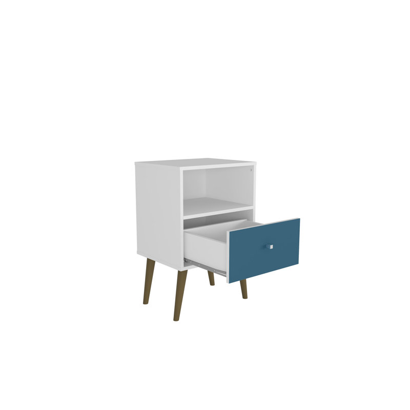 Liberty 18" W Mid-Century Modern 1-Drawer Nightstand in Aqua Blue and White, White/Aqua Blue