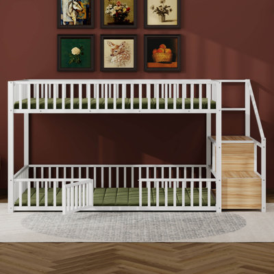Twin Over Twin Bunk Bed With Stairs, Metal Floor Bunk Bed With Storage Ladder & Safety Guardrails