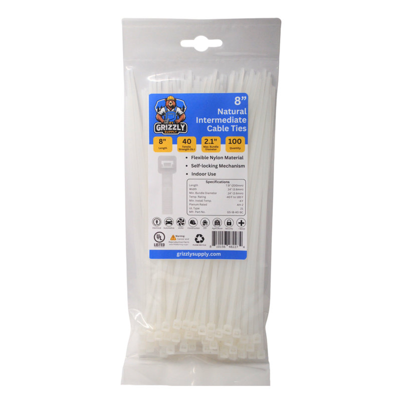 8" 40lb Intermediate Cable Tie 100/bag, Natural