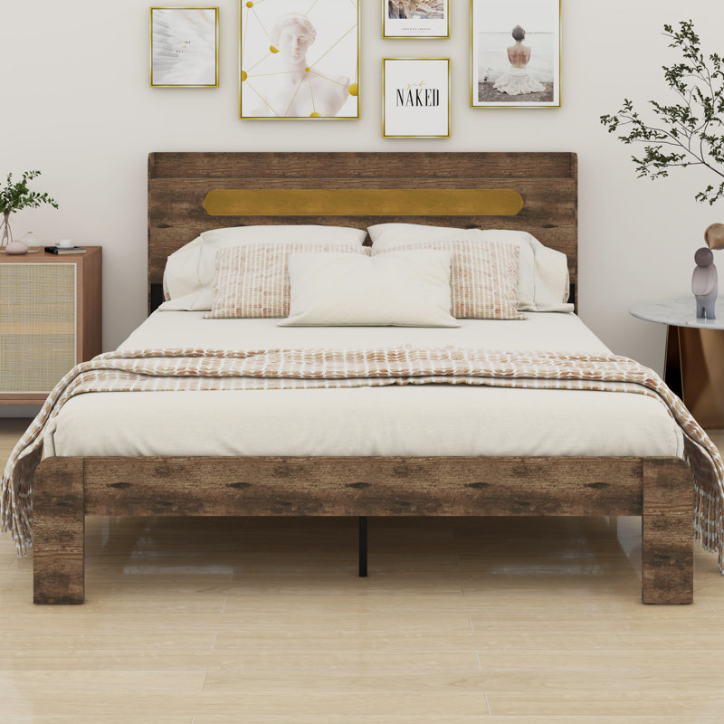 Structure de lit plateforme en bois avec tête de lit à DEL et USB, Très grand