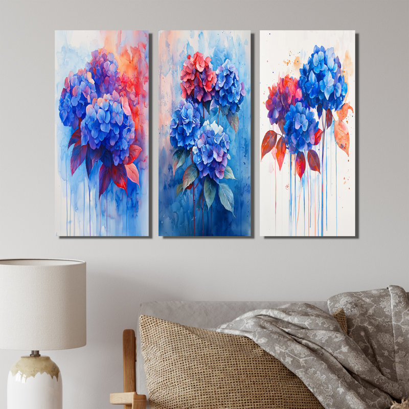 Hydrangées bleues et rouges en hortensia de style graffiti - Collection d'art mural hortensias jaunes, Toile tendue