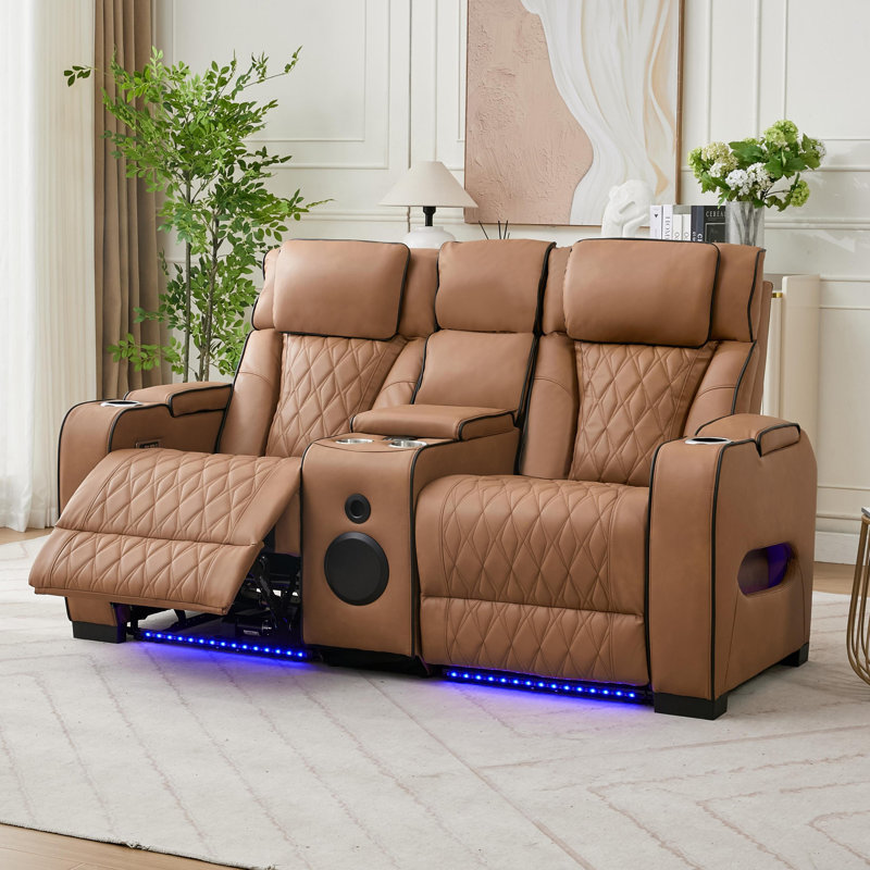 Ensemble de canapés inclinables 2 pièces, canapé inclinable 3 places et causeuse avec lumières DEL, porte-gobelets, console de rangement et surpiqûres en losange, ensemble de meubles de salon en similicuir