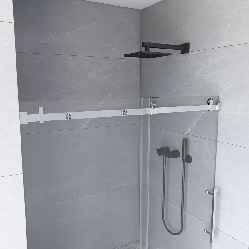 76" Frameless Clear Glass Sliding Shower Door with Brushed Nickel Hardware