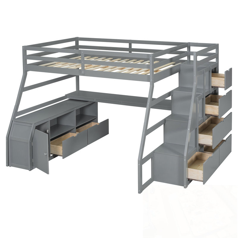 Lit mezzanine double avec 7 tiroirs, 2 tablettes et bureau, Gris