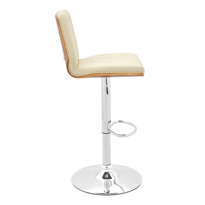 Tabouret de bar réglable pivotant en similicuir crème avec dossier en noyer et chrome