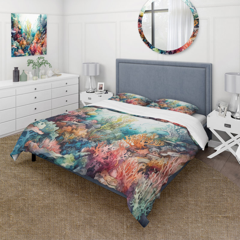 Vibrant Coral Reef III - Ensemble de housse de couette Modern Beach - Microfibre polyester